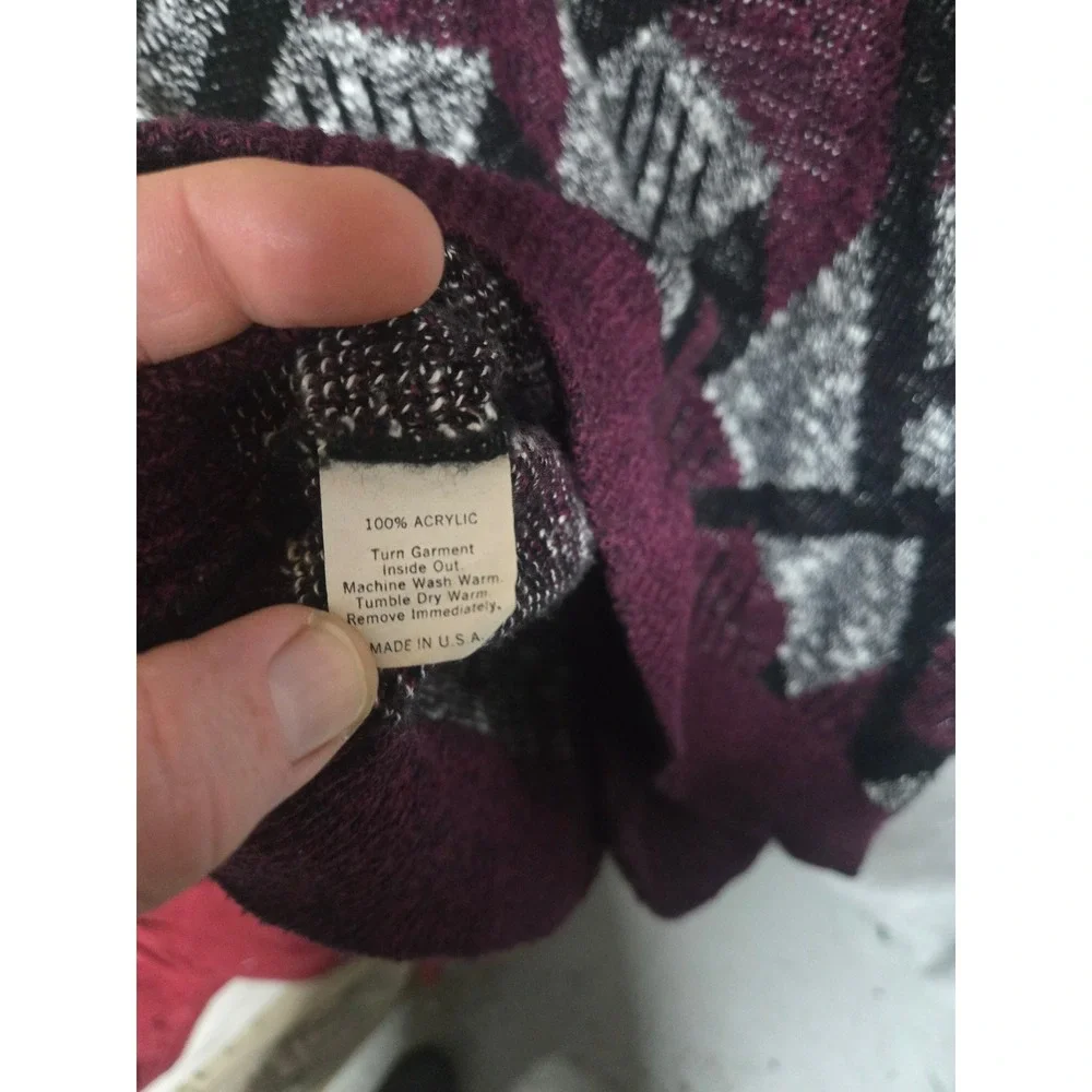 Le Tigre Vintage Mens Big Man Geometric Cardigan Sweater Burgundy Black 1X USA